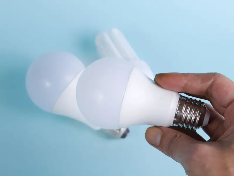 Hand holding replacement LED light bulbs